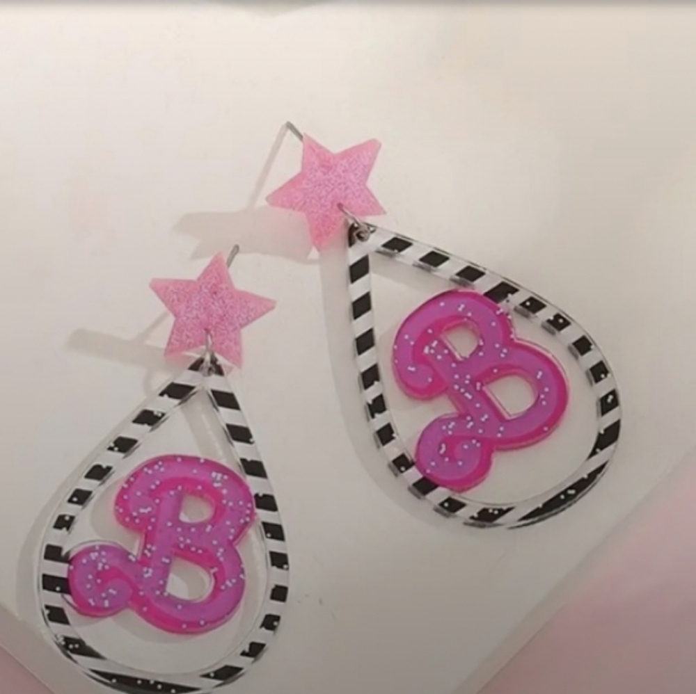 Barbie Dangle Earrings Pink Black Pierced stud backs NEW